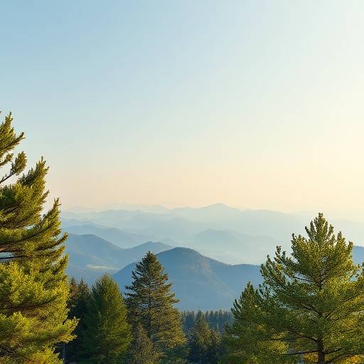 Trees are growing in the foreground, with the mountains in the background